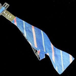 New wTag Nicole Miller NY Bow Tie Pink and Blue Diagonal Stripes Silk Linen Prom